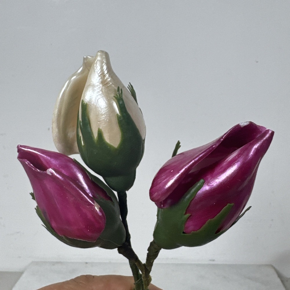 7 Inch Single Stem Rosebud Made With A Seashell Wood Leaf Vintage